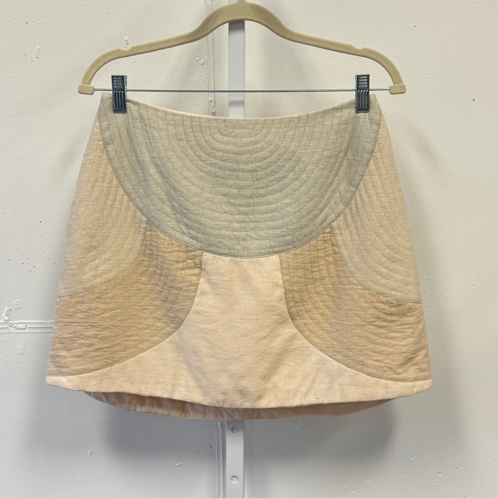 Cameo Quilted Patchwork Mini Skirt Beige Tan Linen Blend Neutral Size Large